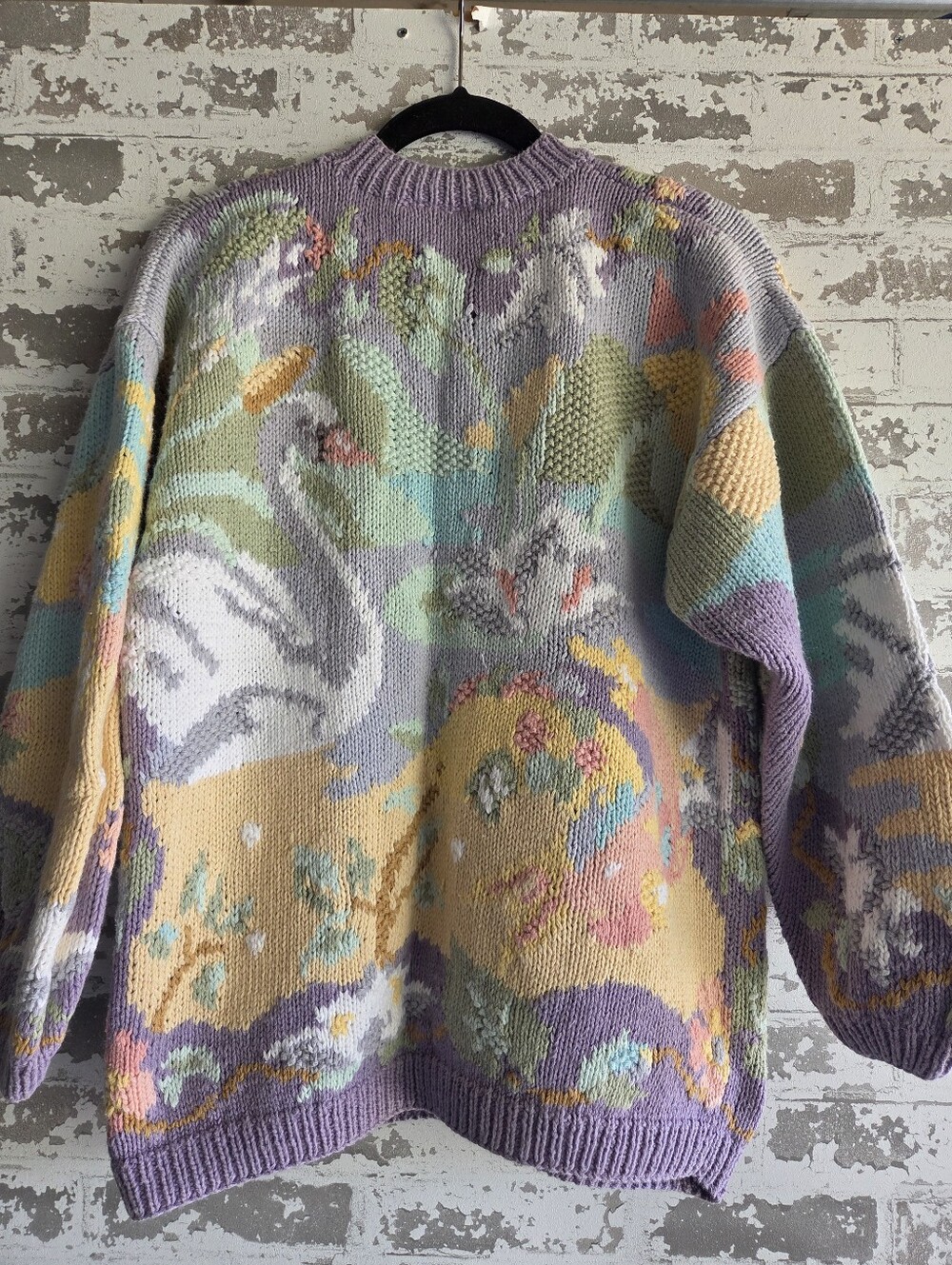 Vintage Together! Swan & Koi Pond Pastel Knit Cardigan - Size M - Picture 4 of 7